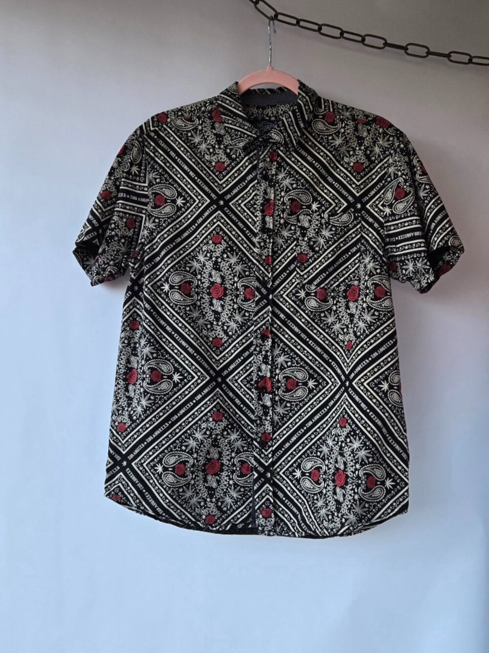 Eighty eight Black and White Button Down Cotton Shirt Red Rose Paisley Print Med